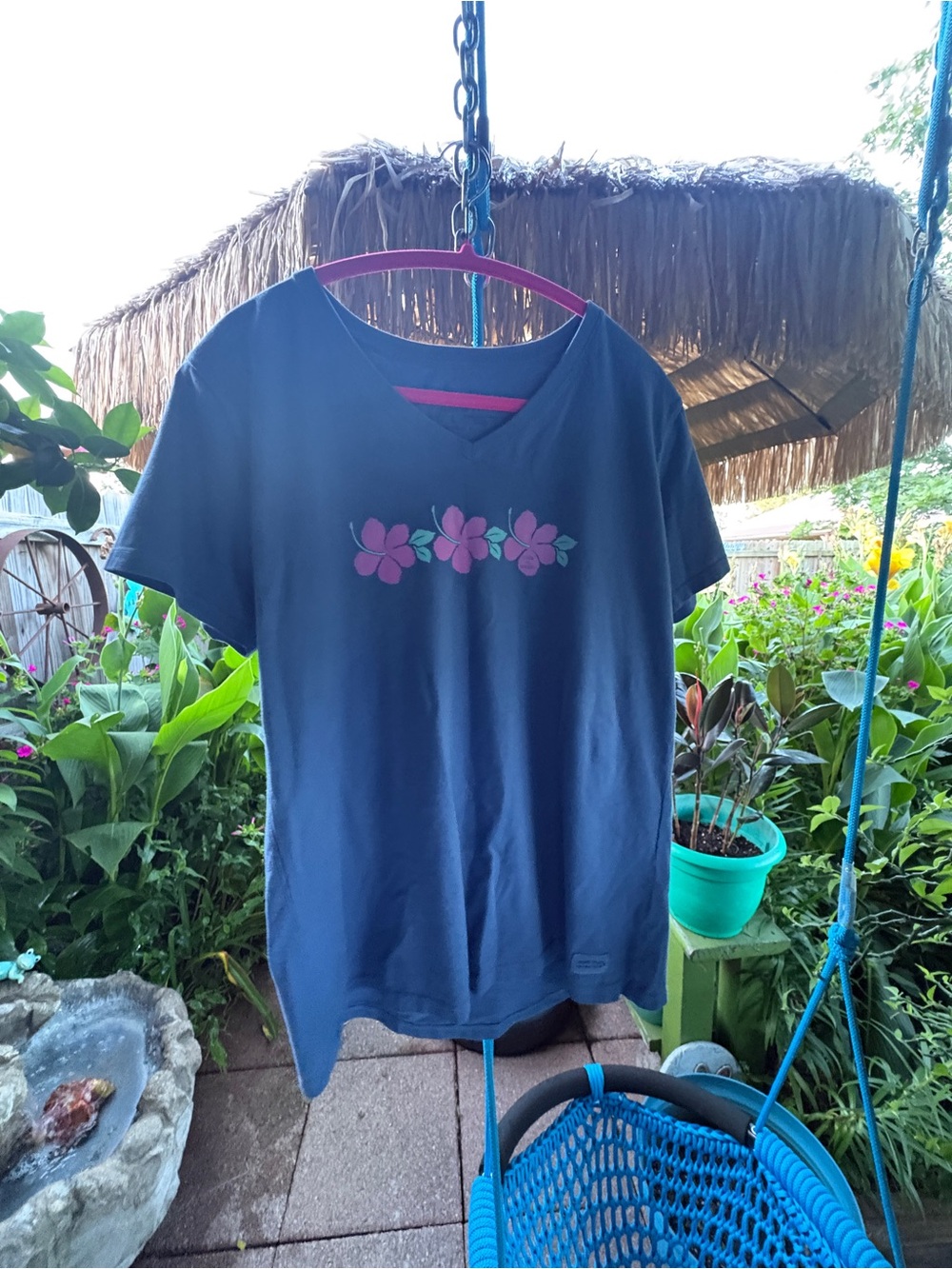 Life Is Good Navy Blue Short Sleeve Tee with Pink Floral Graphic